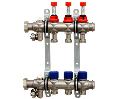 Коллекторная группа ELSEN, 1", 2 контура, размер отвода-3/4", с вентилями и расходомерами, нержавеющая сталь
