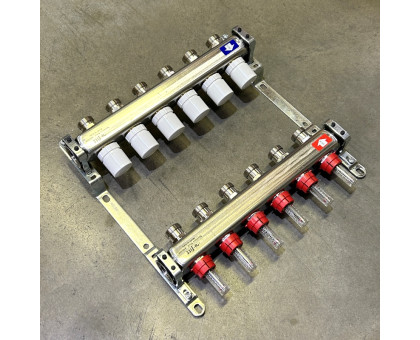 Коллекторная группа 1" Uni-Fitt 450Bнерж. сталь 6 выходов 3/4" с расходомерами и термостатическими вентилями без концевиков