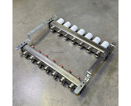 Коллекторная группа 1" Uni-Fitt 451B нерж. сталь с балансировочными и термостатическими вентилями без концевиков 7 выходов 3/4"