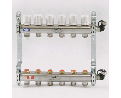 Коллекторная группа из нержавеющей стали с регулировочными и термостатическими вентилями UNI-FITT 1"x3/4"ЕК 6 выходов