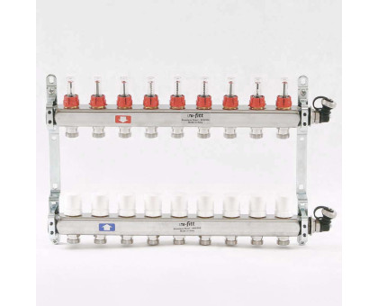 Коллекторная группа из нержавеющей стали с термостатическими вентилями и расходомерами UNI-FITT 1"x3/4"ЕК 9 выходов