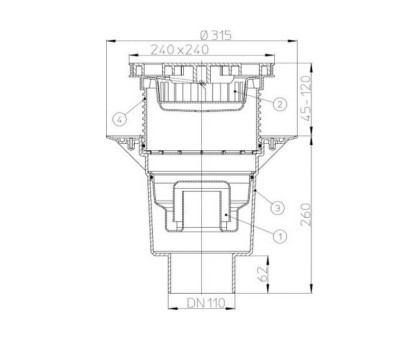 Дворовый трап Hutterer & Lechner Perfekt с сифоном, верт. выпуск, с пласт. решеткой макс. нагрузка 1т., DN 110 (Россия)