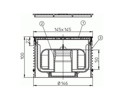 Надставной элемент Hutterer & Lechner с решеткой 138x138 мм и с "сухим сифоном", высота 100 мм, DN 146 мм (Россия)