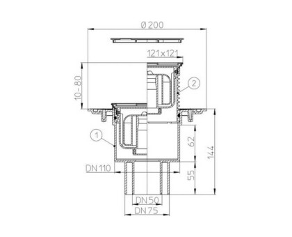 Трап Hutterer & Lechner с "сухим" сифоном, вертикальный, со снимаемой насадкой 10 - 80 мм, с решеткой "Латунь", DN 50/75/110